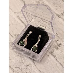Green and Silver Tone Dangle Earrings Markings LP